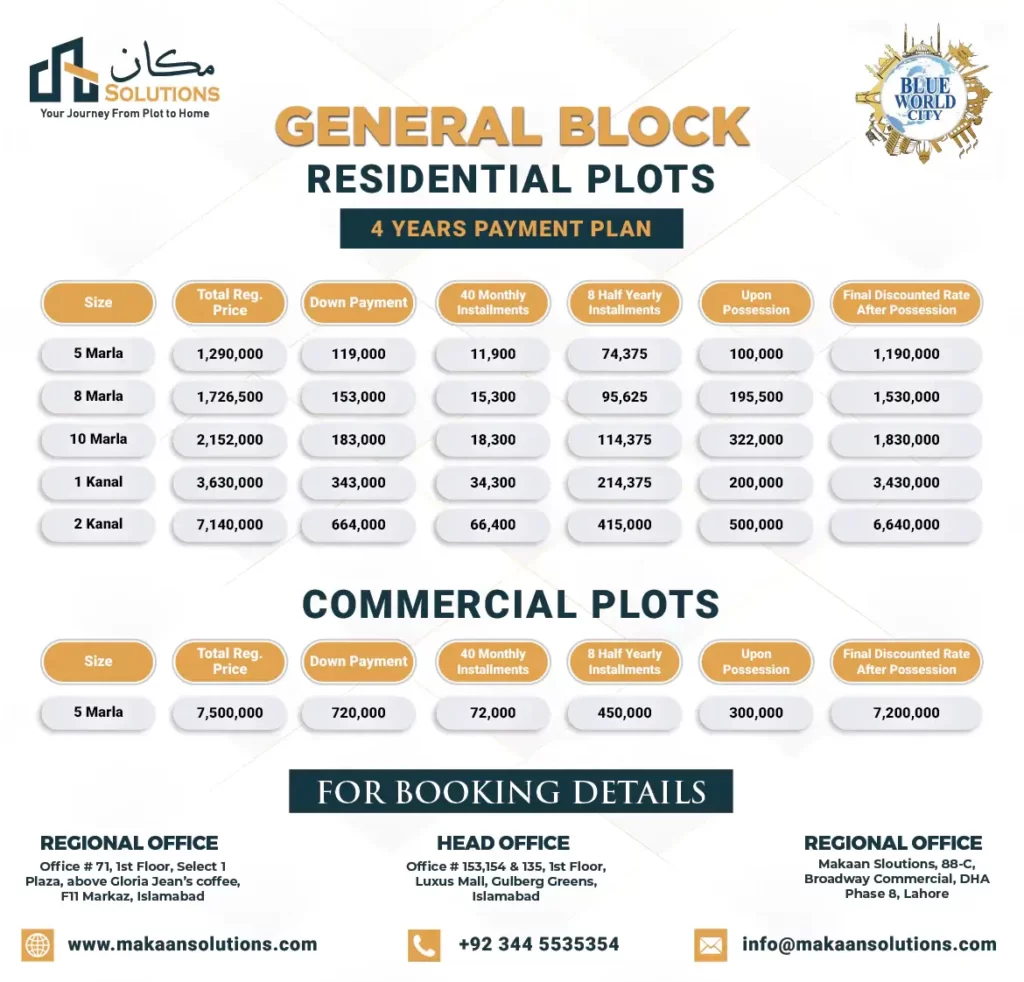 Blue World City General Block Payment plan 2022