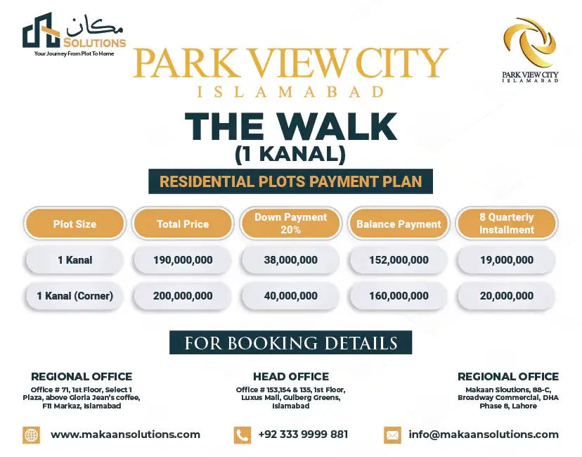 Walk Commercial Downtown in Park View City Islamabad Payment Plan