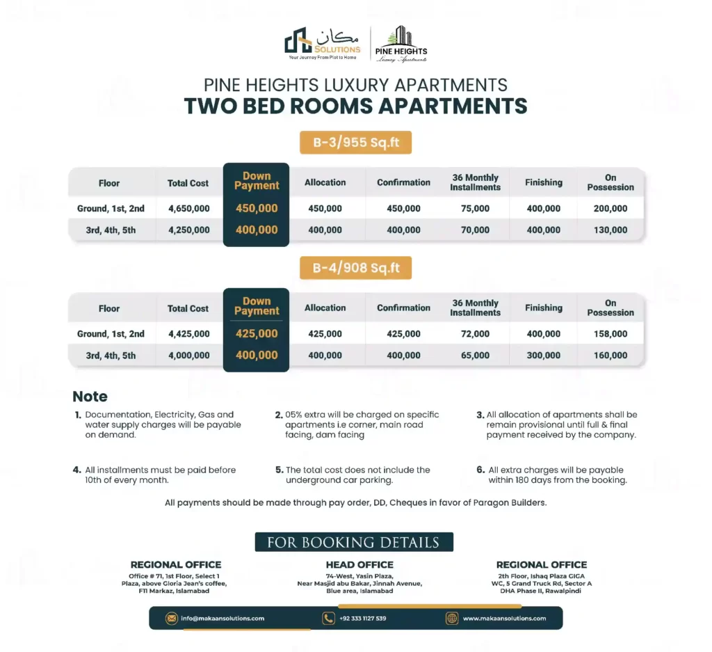 pine heights islamabad installment plan, price plan, 2 bed rooms apartments