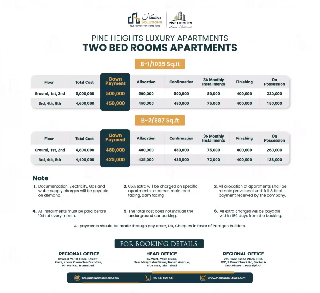 pine heights islamabad installment plan, price plan, two bed rooms apartments