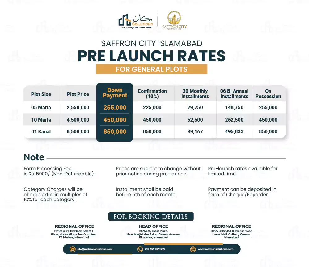 saffron city rawat payment plan, saffron city islamabad payment plan, saffron city rawalpindi payment plan