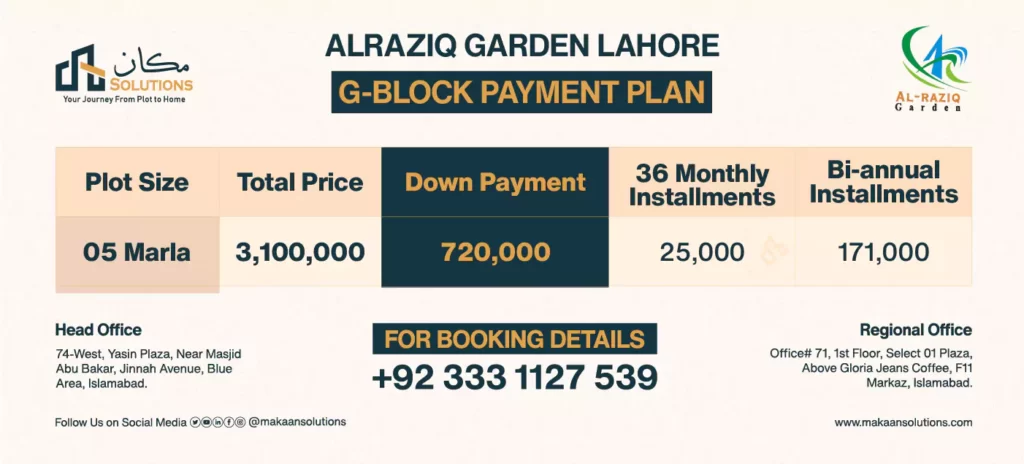 al raziq garden g block payment plan