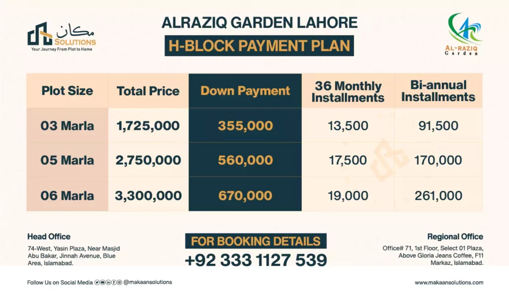 al raziq garden h block payment plan